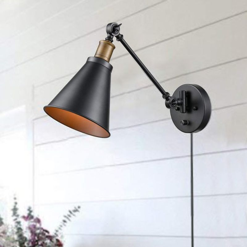 1 ampoule en fer mural clair clair vintage noir swing bras de salon applique lampe à la teinte du cône