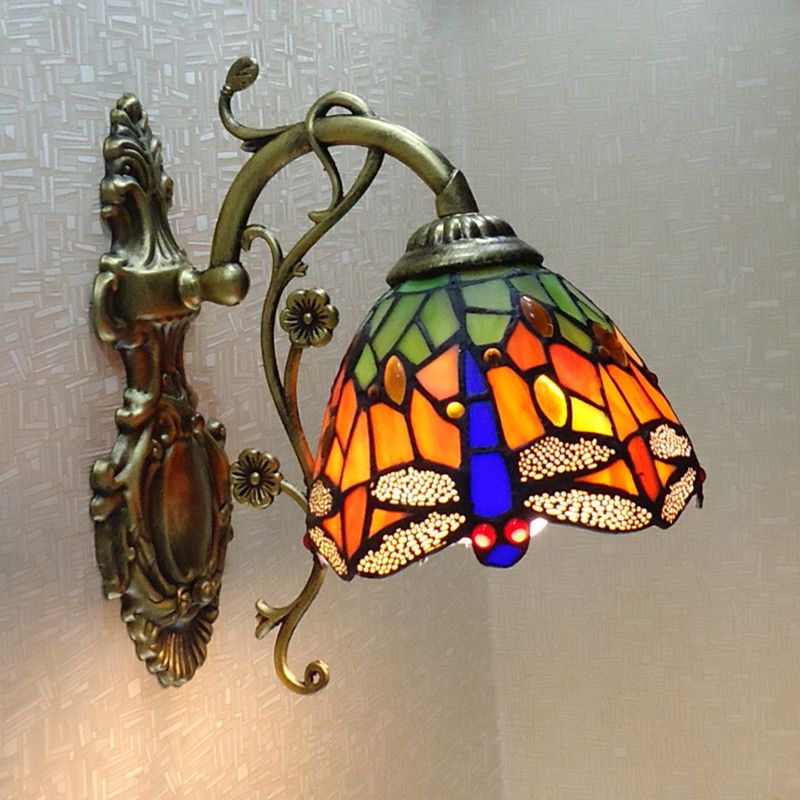 Hand Cut Glass Dragonfly Wall Sconce Tiffany Style 1 Light Wall Mount Light Fixture with Carved Backplate