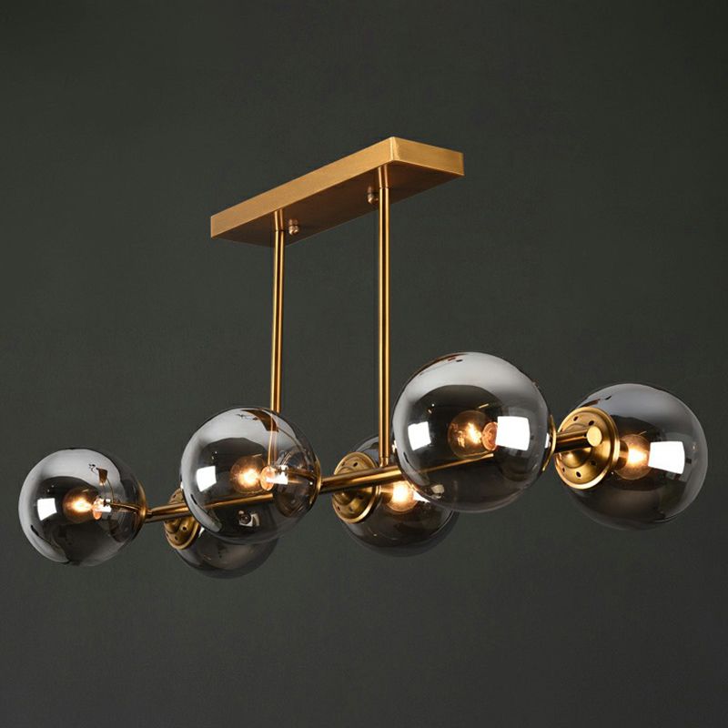 Brass Linear Island Light Fixture Postmodern Metal Ceiling Light with Globe Glass Shade