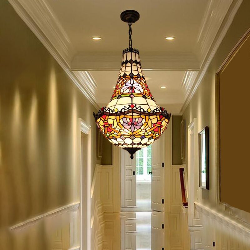 Illuminazione del lampadario a fiore Tiffany 2/3/5 luci Kit di luce a sospensione vetrata in nero in nero, 10 "/12"/16 "di larghezza