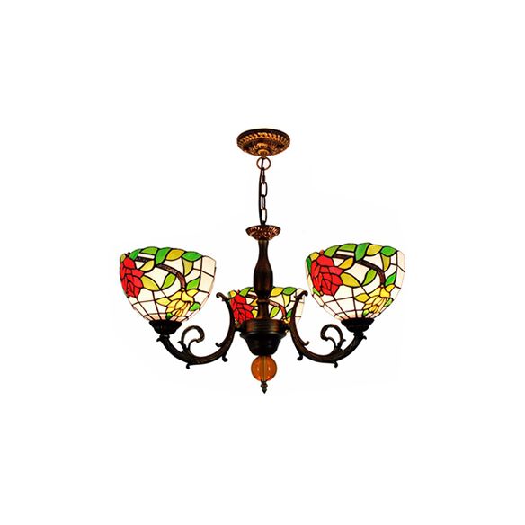 Kleurrijke kom kroonluchter licht met bloem/roos/zonnebloem/geel bloempatroon retro stijl gebrandschilderd glas 3 bollen omgekeerde kroonluchter in messing