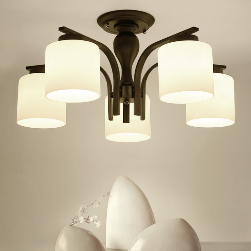 Semi Flush Mount Chandelier Country Living Room Ceiling Light with Cylindrical Milk Glass Shade in Black