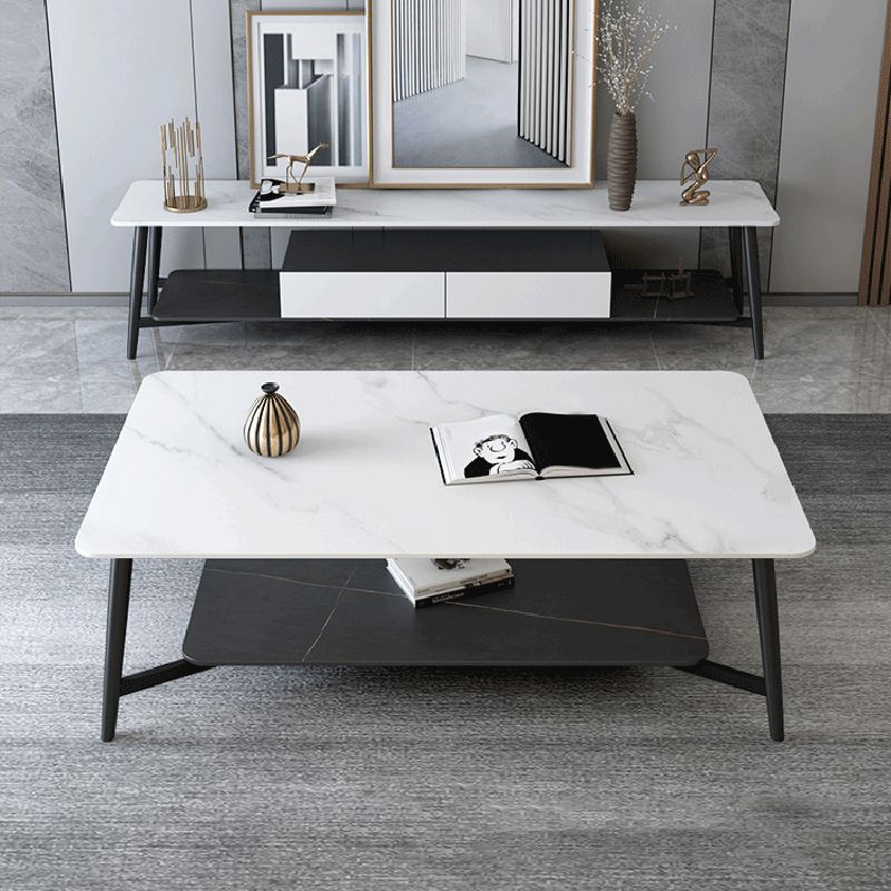 Modern Coffee Table with Storage Shelf and Black Metal Cross Base