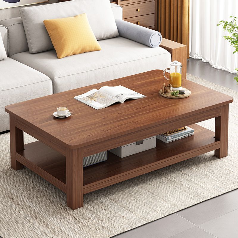Rectangular Wooden 1 Single Coffee Table 4 Legs Cocktail Table with Shelf
