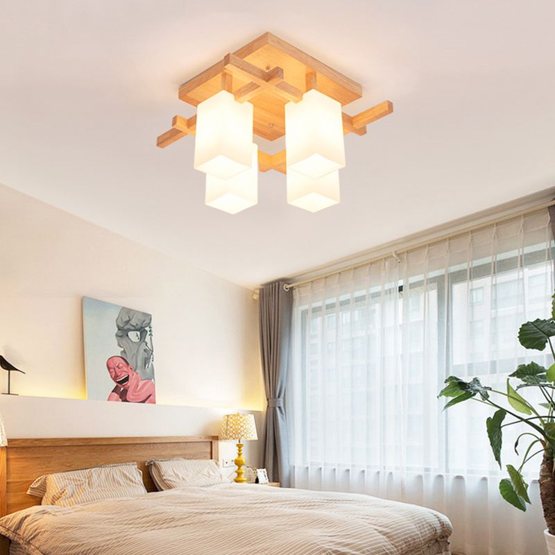 Square Semi Flush Light Modern Wood Living Room Flush Mount Ceiling Chandelier with Rectangle White Glass Shade