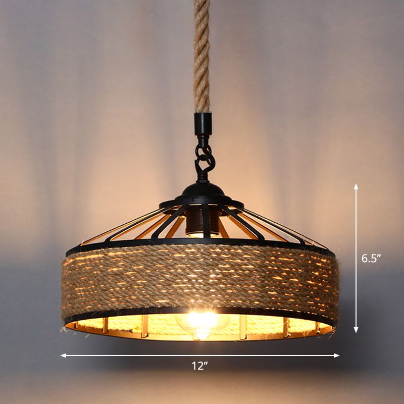 Single Cage Shade Pendulum Light Country Style Wood Rope Suspension Light for Restaurant