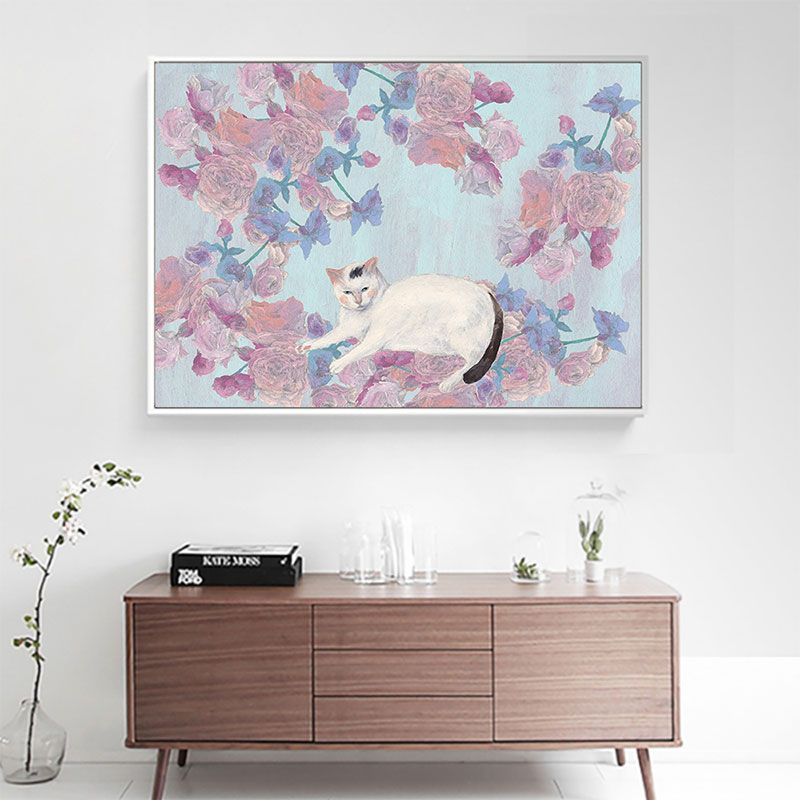 Pink Cat and Flowers Painting Textured Children's Art Kids Bedroom Wall Art Decor
