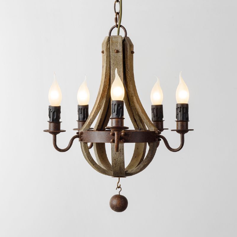 5/6 lumières lustre d'éclairage luminaire rustique vin baril bois suspendu léger en marron pour chambre à coucher