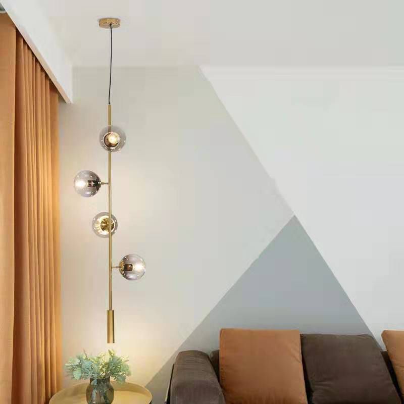 Modernist Globe Pendant Lighting Grey Glass 4 Bulbs Living Room Ceiling Chandelier in Gold with Pencil Arm