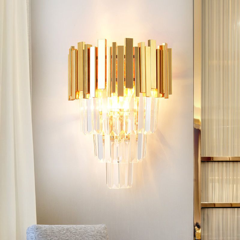 4 Layers Wall Light Fixture Postmodern Tri-Sided Crystal Rod 2 Heads Gold Sconce Light