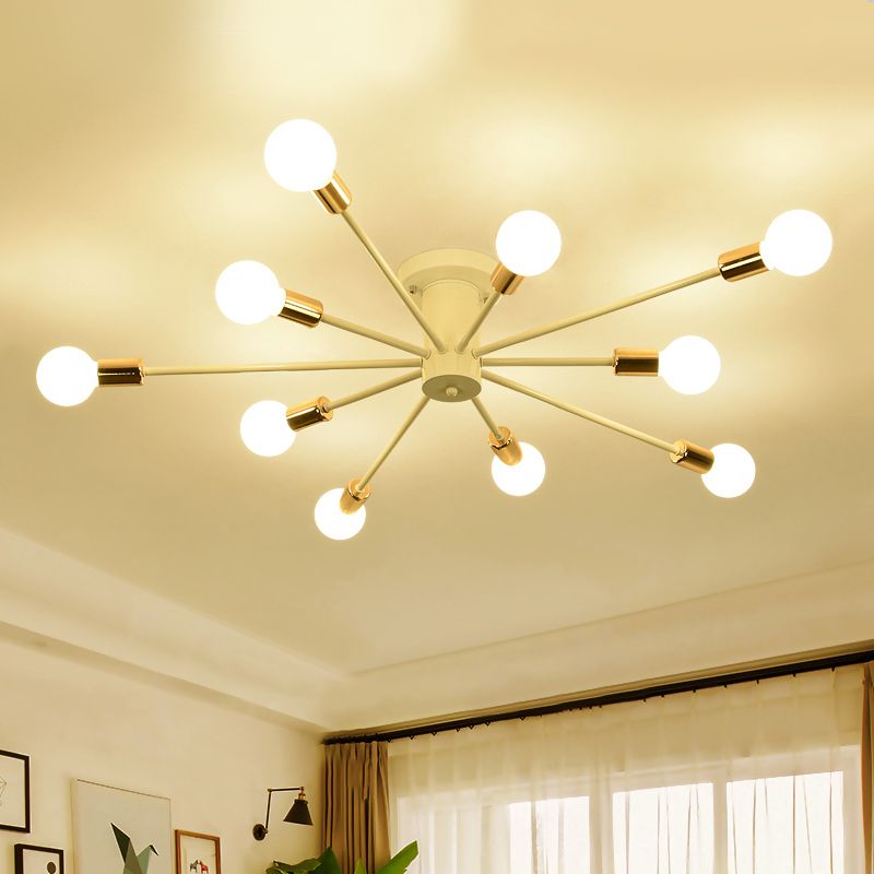 6/8 Heads Bare Bulb Semi Flush Mount Light Vintage Style Black/White Metallic Ceiling Light Fixture for Kitchen