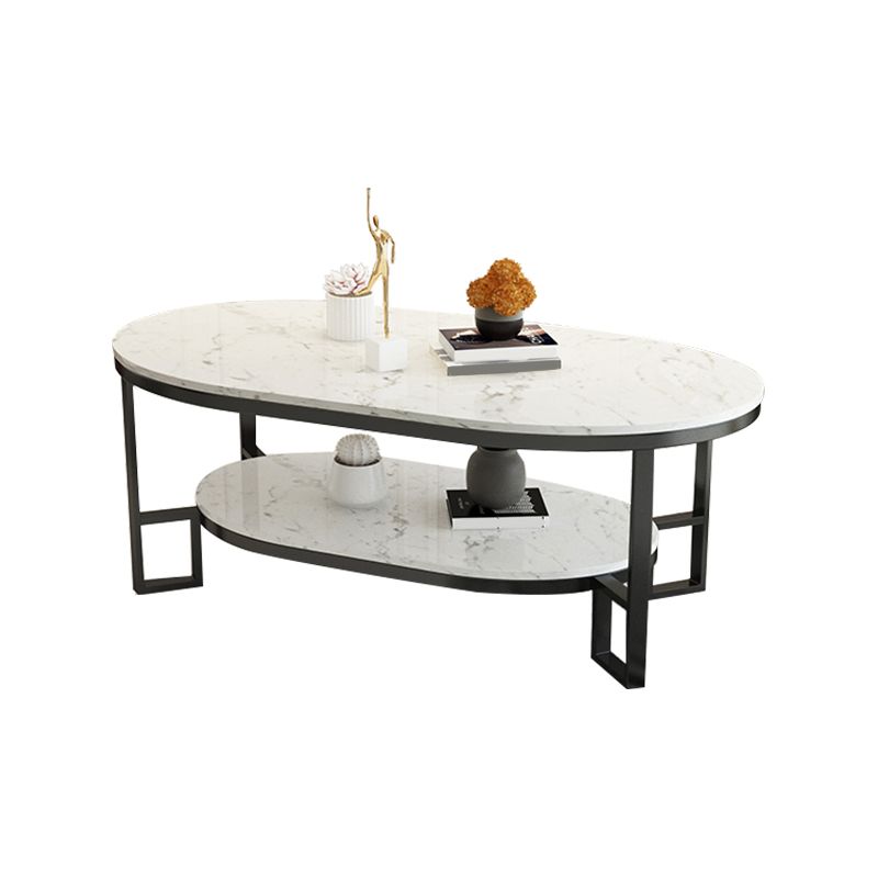 4 Legs Cocktail Table Shelf Included Oval Stone Coffee Table