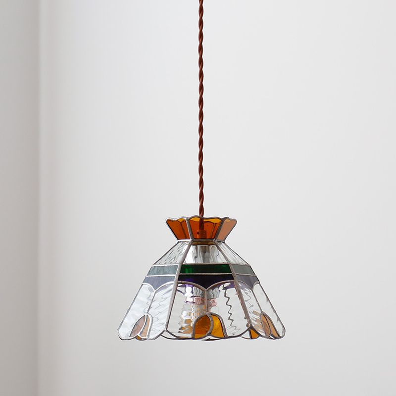 1-Light Bell Hanging Lamp Tiffany Coffee Finish Stained Glass Pendant for Dining Room