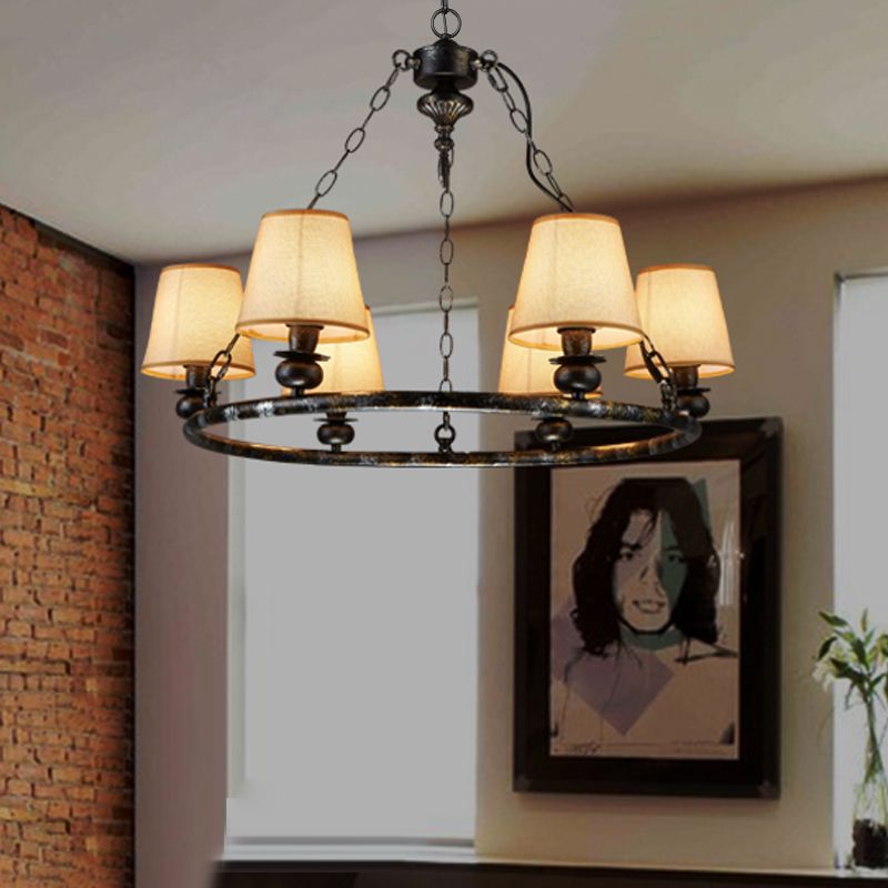 Anello rustico sospeso a sospensione a 6 luci lampadario soffitto in tessuto in nero per soggiorno