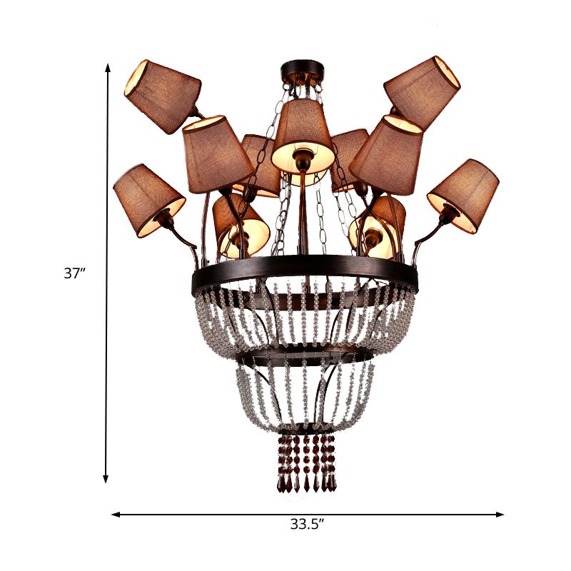 Brown 12 Lights Chandelier Lamp Country Crystal Circular Pendant Lighting for Dining Room with Fabric Shade
