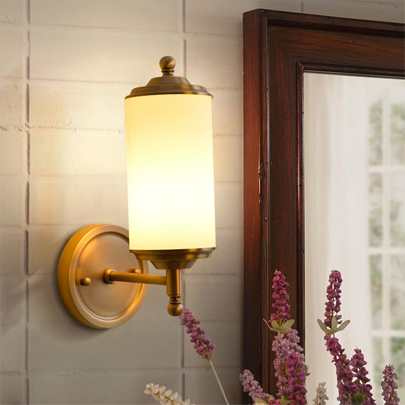 Brass Cylindrical Sconce Light Retro Milky Glass Shade 1-Light Foyer Wall Lamp with Clean-Lined Arm