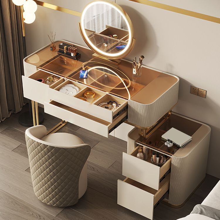 Minimalism Glass Vanity Table with Mirror & Stool 5 Drawers Beige Dressing Table