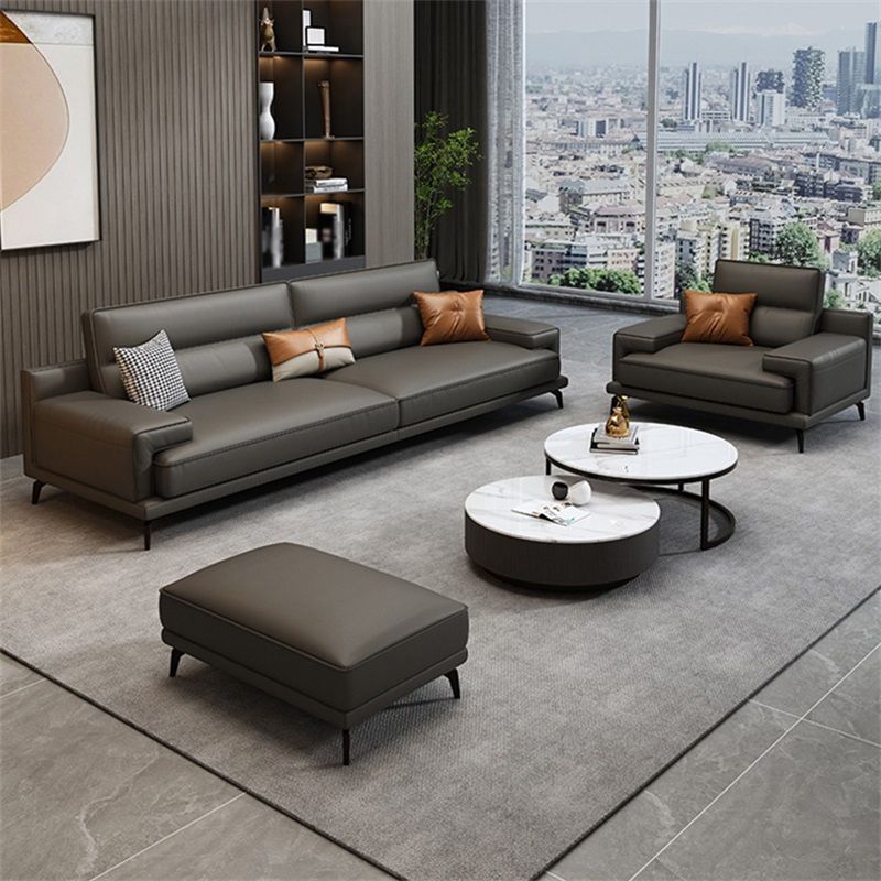 Genuine Leather Stationary Stain Resistant Living Room Gray Sofa