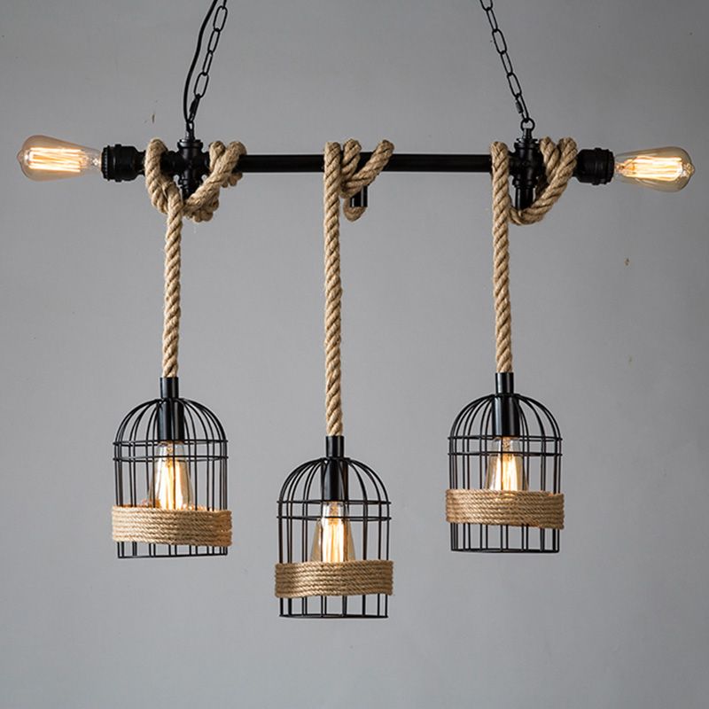 Birdcage Island Chandelier Lights Industrial Rope Chandelier Lighting Fixtures for Dining Table