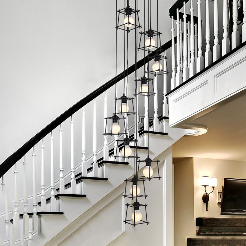 Cube Cage Stair Pendant Lighting Minimalist Metallic 10 Bulbs Black Multi Light Chandelier