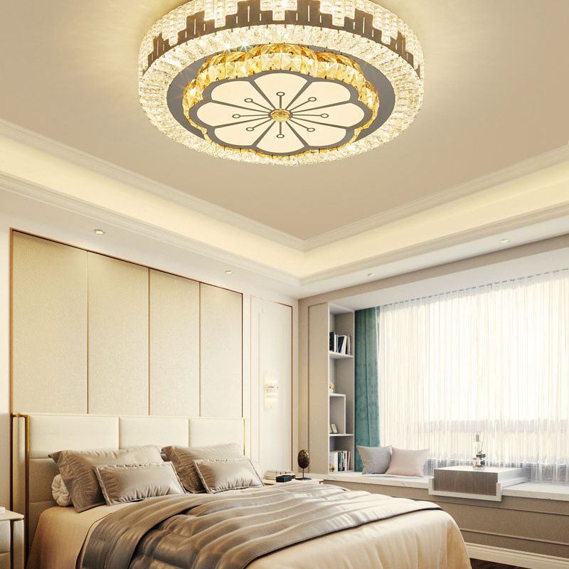 Silver Circular LED Flush Mount in Modern Luxury Style Wrought Iron Ceiling Light with Crystal Shade