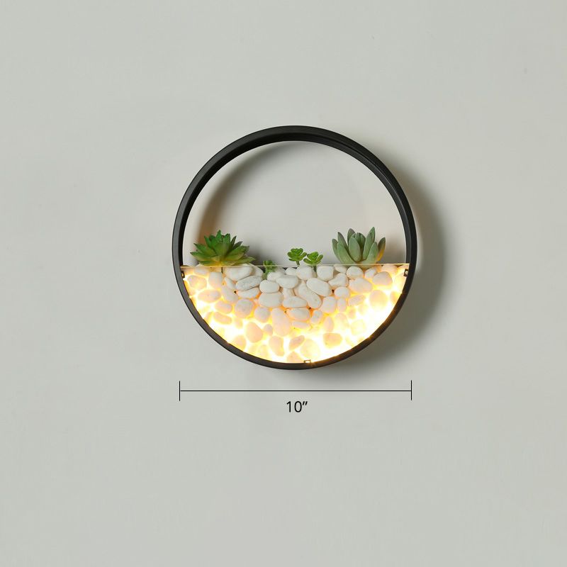 Loop Shaped Wall Sconce Light Decorative Metal Bedroom LED Wall Light with Faux Succulents and Pebbles