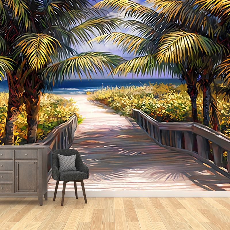 Tropical Mural Wallpaper Light Color Coconut Tree and Road Customized Wall Decor, Made to Measure