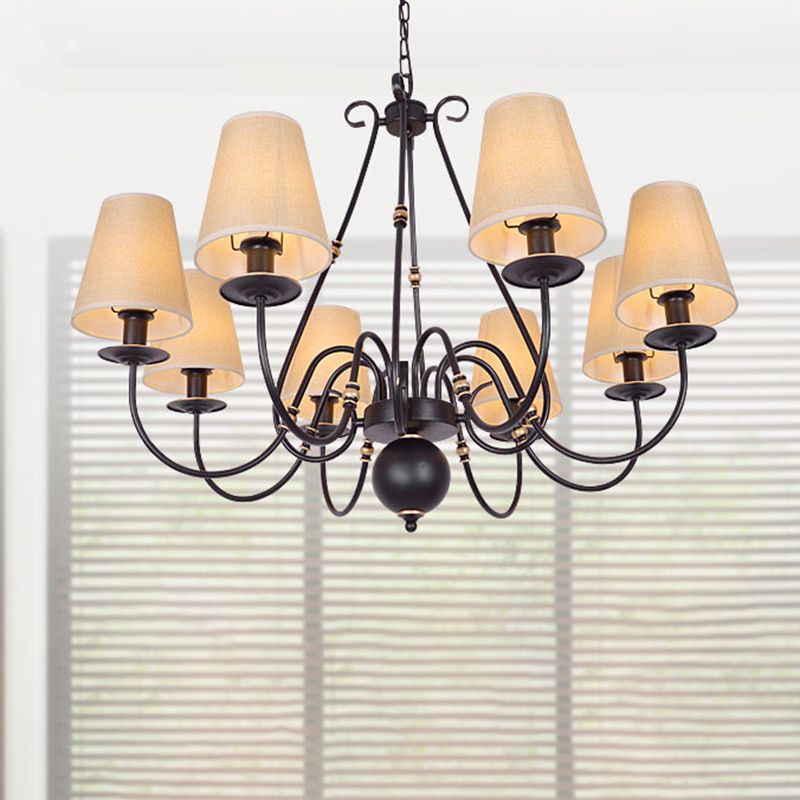 Flaxen 8 Lights Chandelier Light Fixture Traditional Fabric Cone Pendant Lamp with Scrolled Arm
