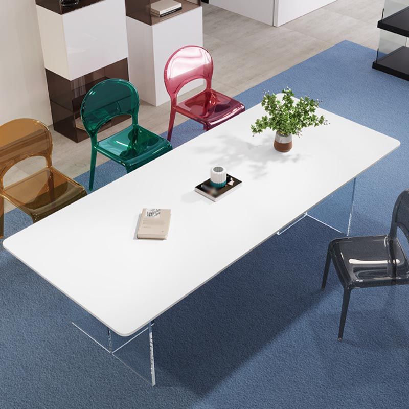 White Stone Top Dining Table Rectangle Contemporary Dining Table with Pedestal Base