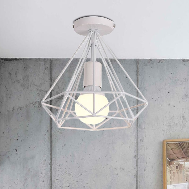 Plafonnier Semi-affleurant à 1 tête, style industriel, Cage en diamant, luminaire de plafond métallique, noir/blanc, pour chambre à coucher