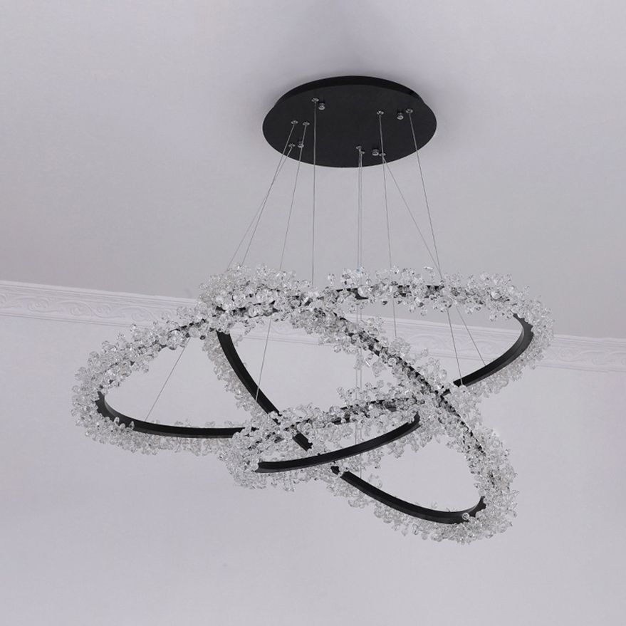 1/2/3-licht Black Ring Pendant Kroonluchter Modern Crystal Accent LED Hanglamp Lichtlijn in wit/warm licht voor woonkamer