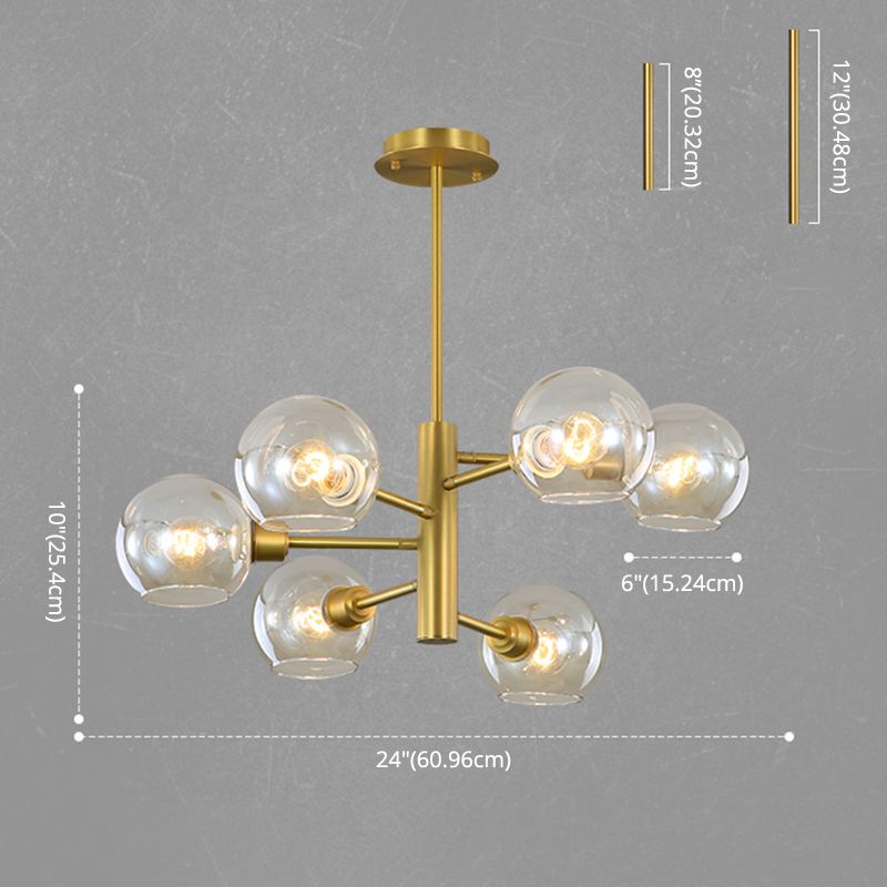 Full Copper Molecular Styling Chandelier Transparent Glass Orb Nordic Simplicity Lighting Fixture in Gold