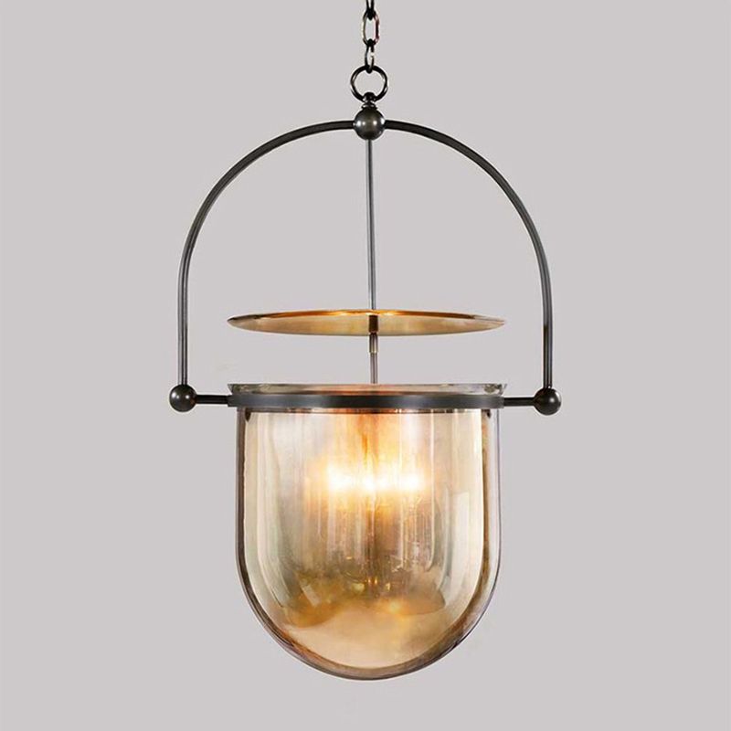 Lampada industriale a sospensione singola vintage lampada in ferro laccata con tonalità in vetro ambra