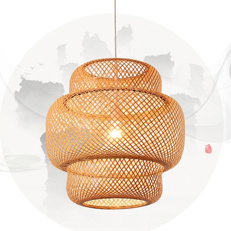 Asian Style Bamboo Weaving Lantern Hanging Light Wooden Single Bulb Ceiling Suspension Lamp for Cafe Shop