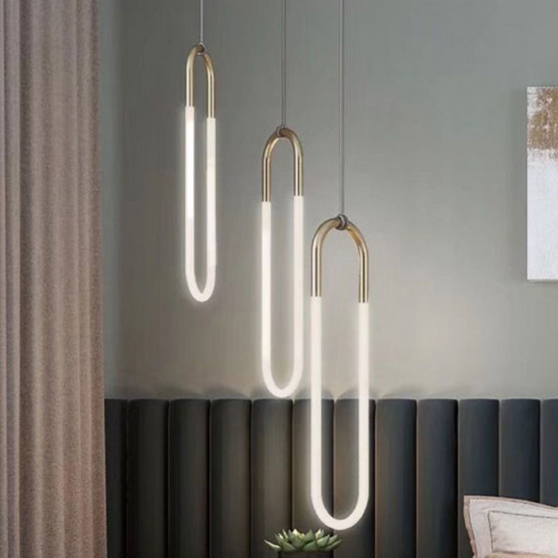 Metal Oblong Hanging Light Fixture Minimalist Style LED Gold Pendant Light Fixture