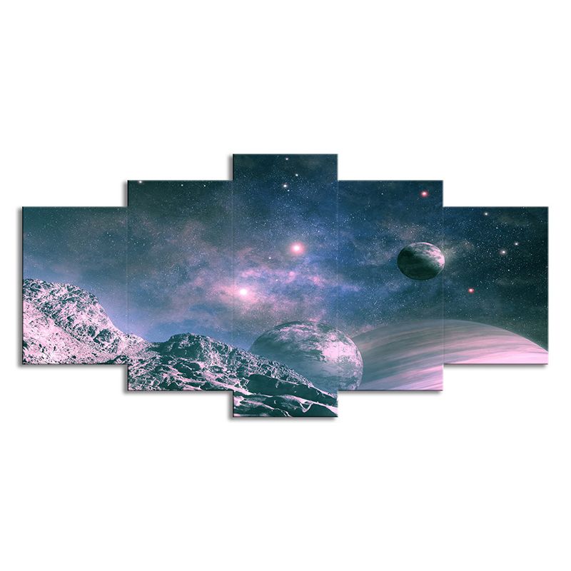 Science Fiction Canvas Art Blue and Purple View of Planets Wall Decor for Boys Room