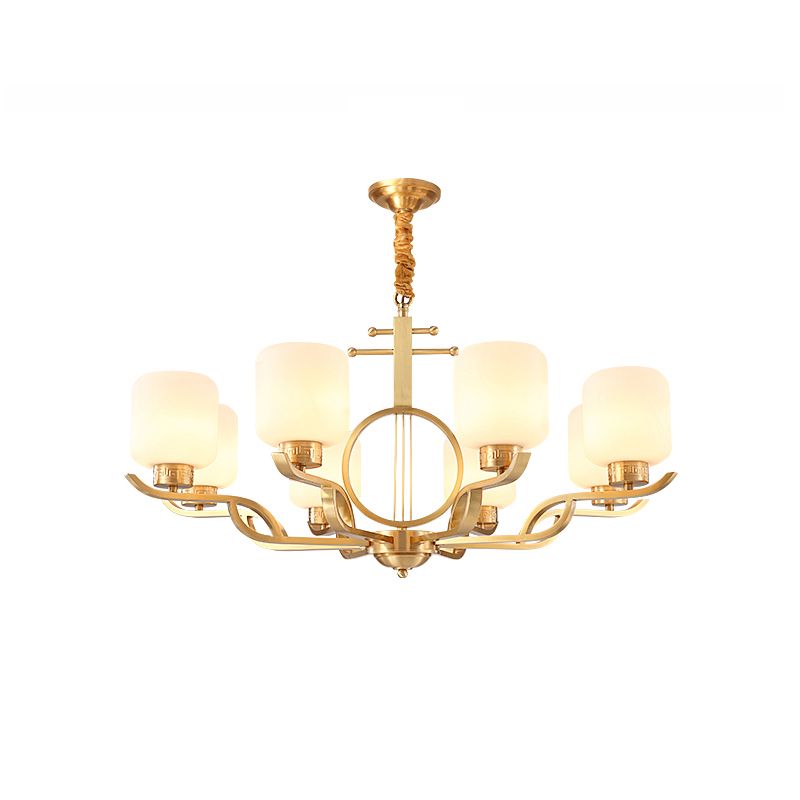 Chandelier Light Traditional Living Room Pendant Light with Cylinder Milk Glass Shade in Brass