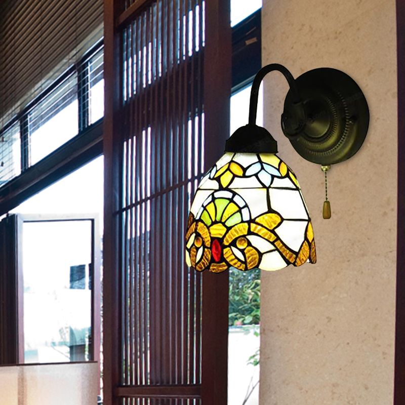Yellow Dome Wall Sconce Victorian Stained Glass 1 Head Wall Fixture Light with Pull chain for Hallway