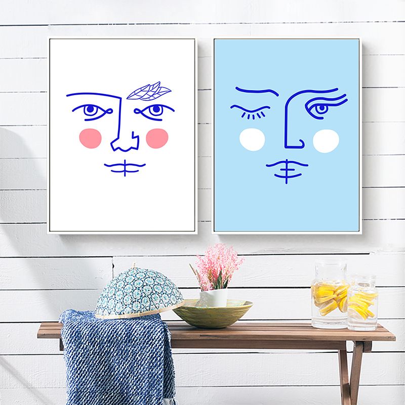 Pencil Line Figure Face Canvas Art Minimalism Textured Wall Decor in Pastel Color