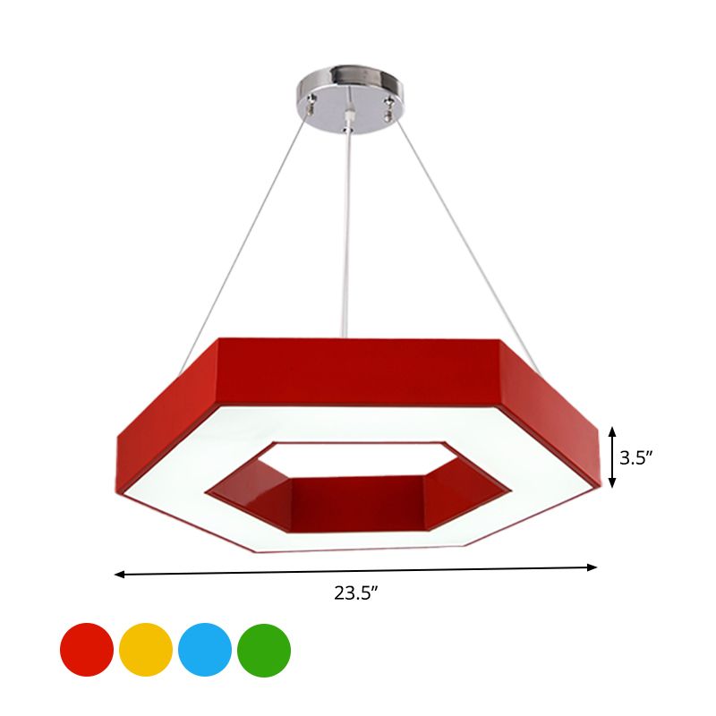 Acrylic Hexagon Ring Down Lighting Simple LED Chandelier Lighting in Red/Yellow/Blue for Kindergarten