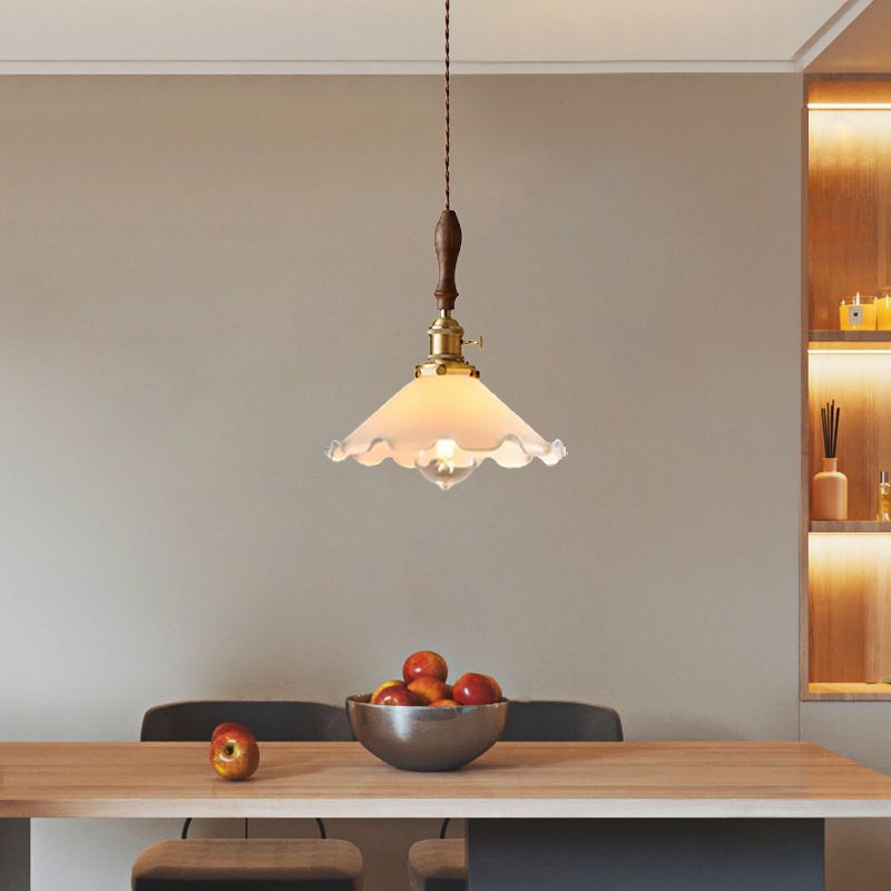 Farmhouse Scalloped Pendant Lamp 1 Light White Glass Hanging Light Fixture in Brass