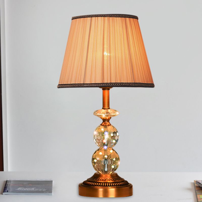 1 Bulb Pleated Fabric Night Stand Lamp Traditional Pink and White/Pink/Coffee Cylinder/Tapered Parlor Table Light with Faceted Crystal Orbs
