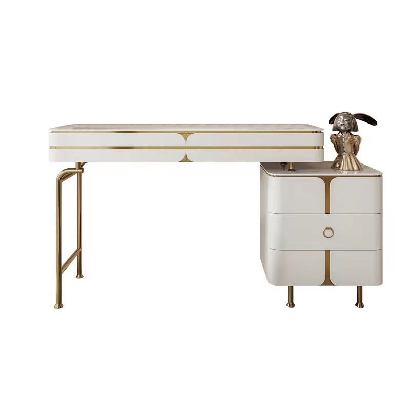 White Glam Vanity Dressing Table Set with Stool & 5 Storage Drawers