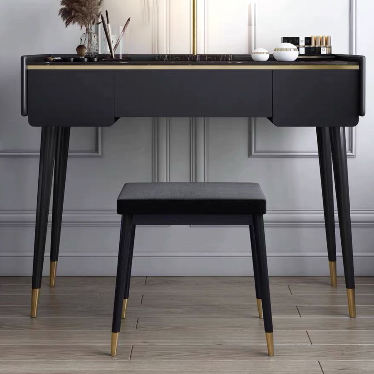 Glam Wooden Frame Dressing Table Slate Top Vanity with Drawers