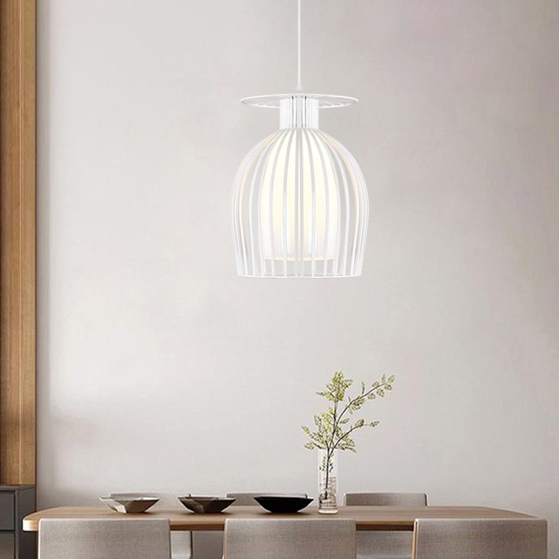 Cage en fer Cage vers le bas Éclairage moderne 1 pendentif suspendu léger en blanc avec une nuance en verre d'opale pour le restaurant