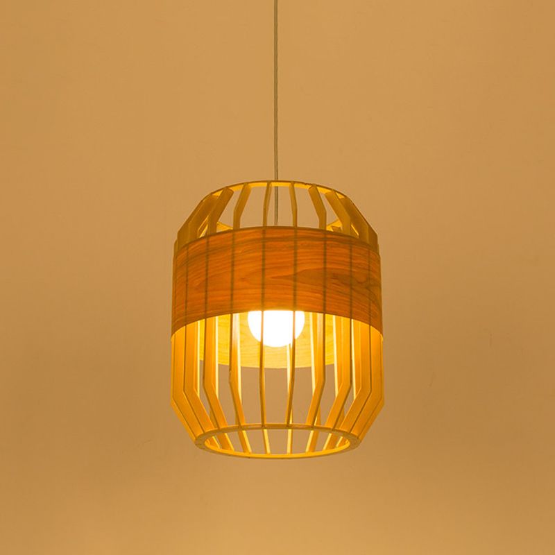 Corte láser japonés colgante madera clara 1 accesorio de iluminación colgante de bombilla en beige para restaurante