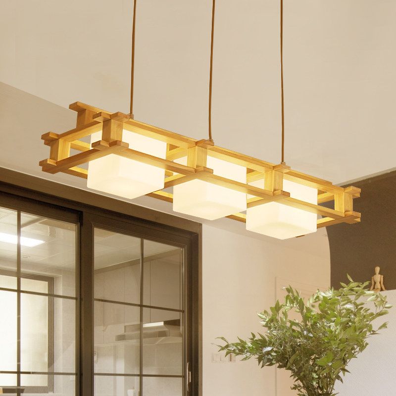 Wooden Frame Square Shade Linear Pendant 3-Light Nordic Island Light Fixture over Dining Table
