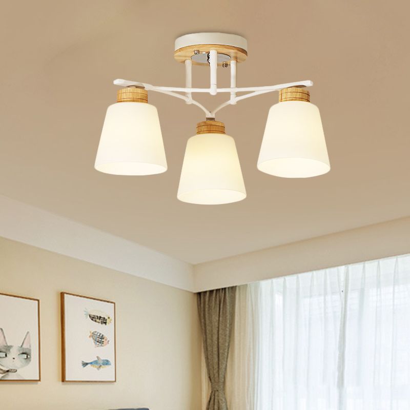 Barril de madera blanca Semi Flush Monteed Modernismo 3/5 Cabezas Vidrio crema cerca de la lámpara de techo