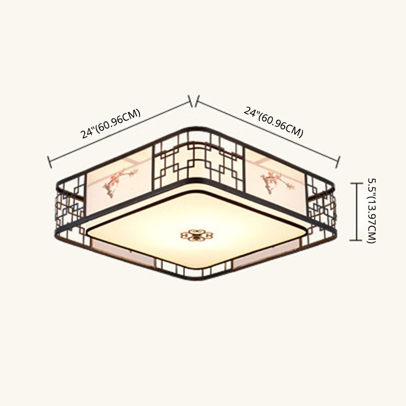 Noir 5-Fixation du plafond de la lumière dans le style traditionnel Concise en fer forgé Geometric Flush Mount with Embroidered Fabrics Shade