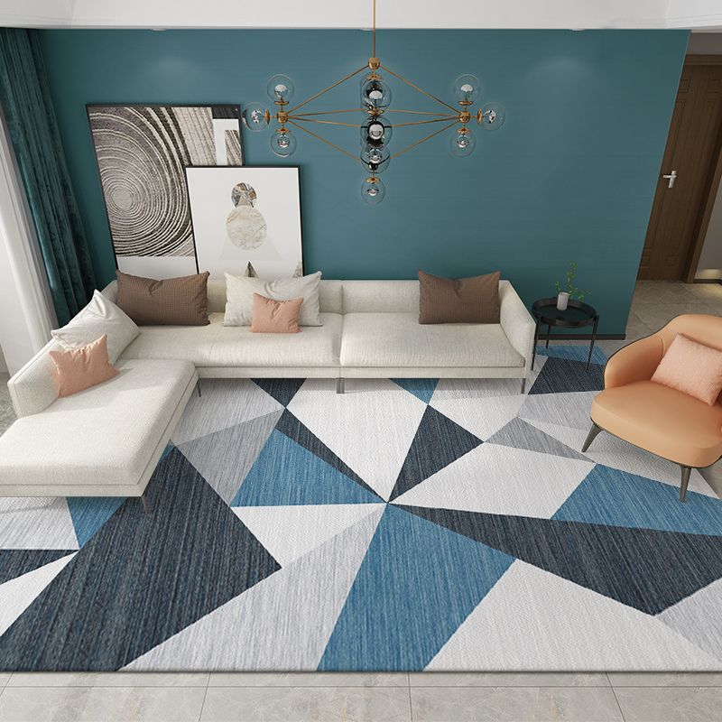 Blue Living Room Carpet Geometric Pattern Polyester Area Rug Non-Slip Backing Rug